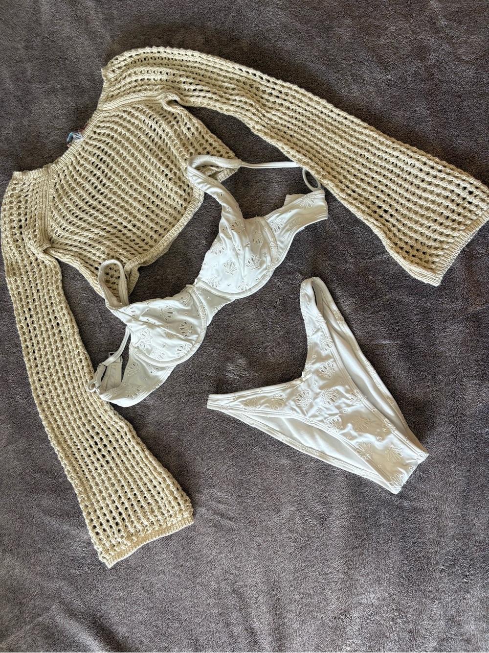Urban Outfitters Cream White Embroidered Bikini Set with Knit Cover-Up